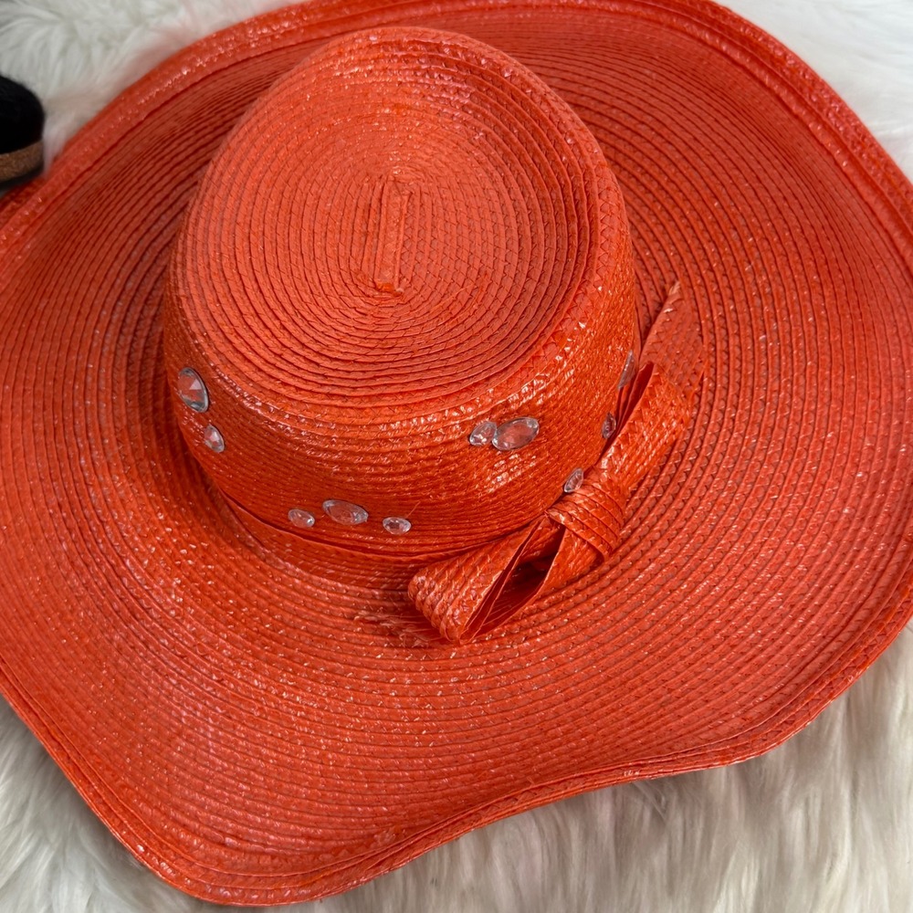 Frank Olive for Neiman Marcus Orange Straw Rhinestone Bow Sun Hat Wide Brim
